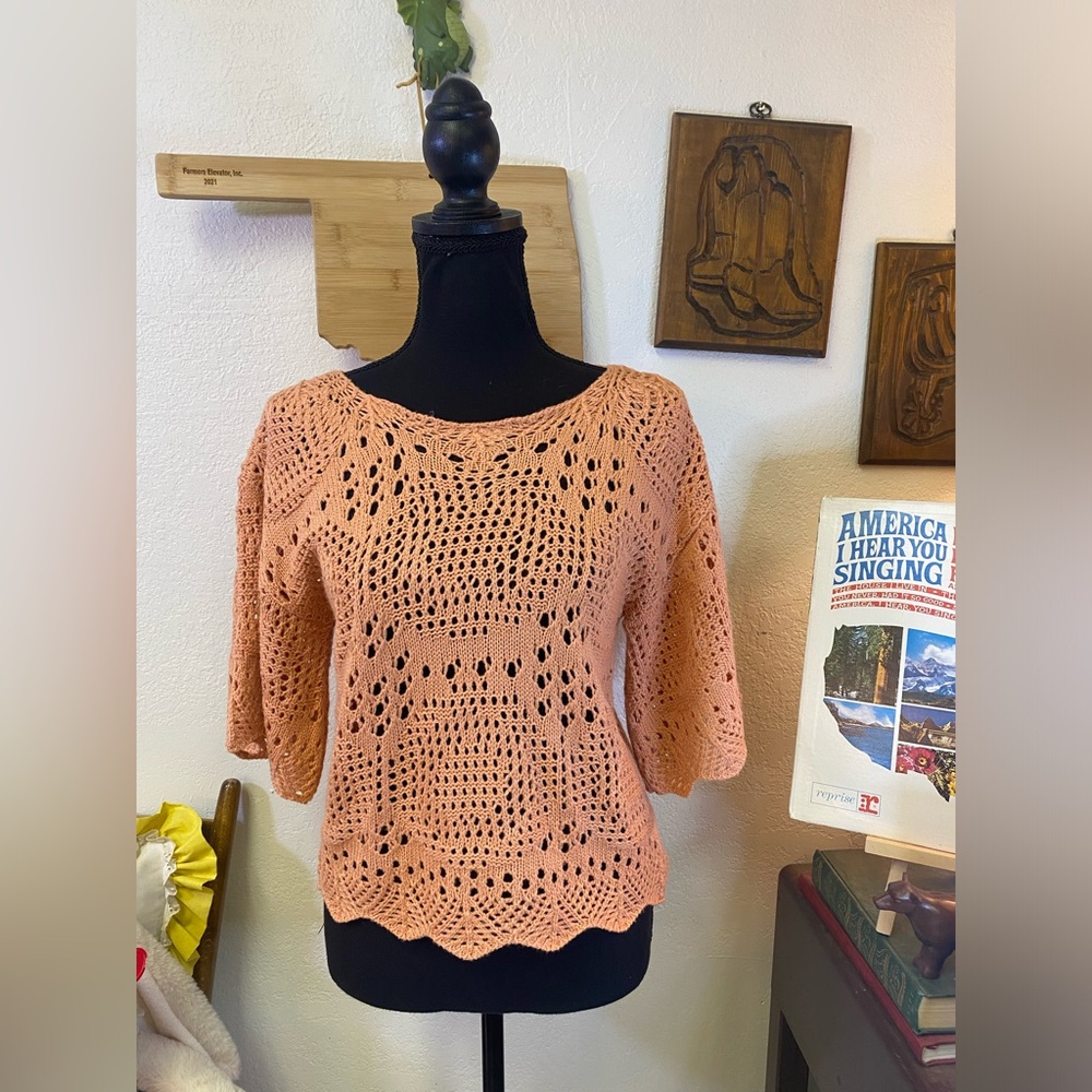 Johnny Becca Open Knit Arcylic Pullover Top Short Sleeve Flowy Hippie Boho XS